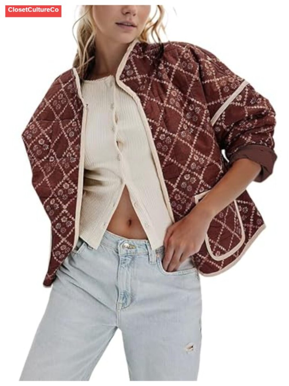 Women Cropped Quilted Floral Puffer Jacket Lightweight Padded Coat